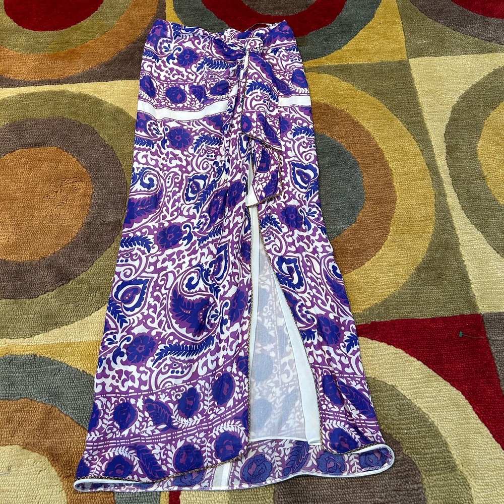 Like-New Zara Purple White Paisley Print Sheer Long Skirt with Deep Slit XS